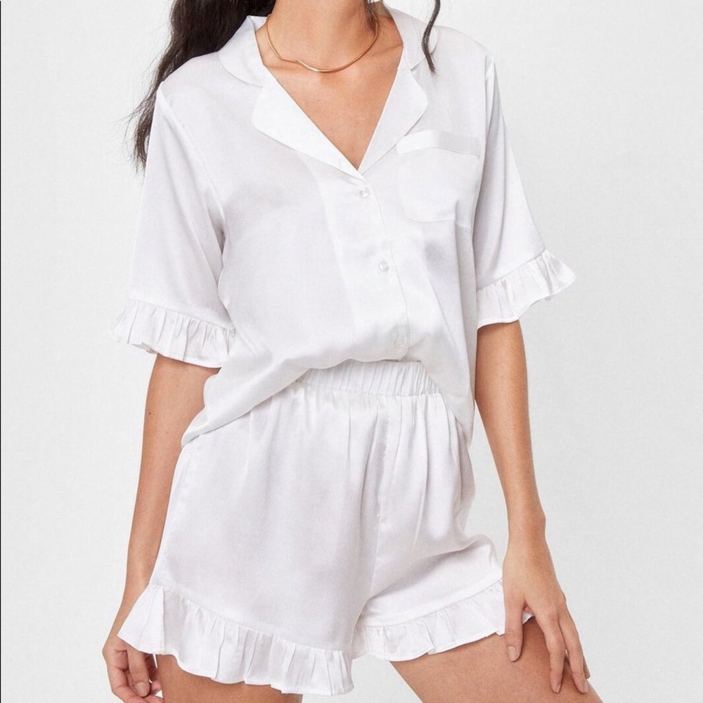 Satin Ruffle Pajama Shirt & Shorts Set